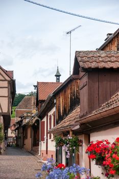 Alsace romantic vacation in old streets winery and caffe