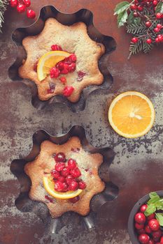 Delicious  tartlets in a Christmas setting. Festive decoration. Vintage style,  top view