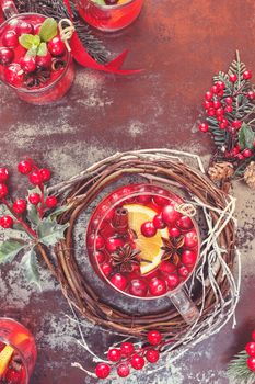 Sparkling Cranberry Orange Christmas Punch. Festive decoration. Done with vintage retro filter, top view
