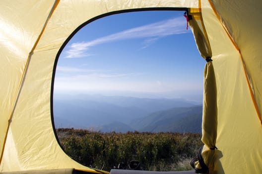 Traveling. Tourism. Tourist tent camping in mount