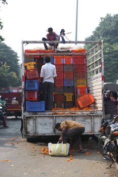 Pune, India - October 21, 2015: Farmers unloading boxes of Marigold flowers for sale on the eve of Dassera festival in which these flowers are traditionally used.