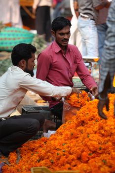 Pune, India - October 21, 2015: A streetside flower seller packing Marigold flowers for a customer on the eve of Dassera festival in India in which these flowers are traditionally used.