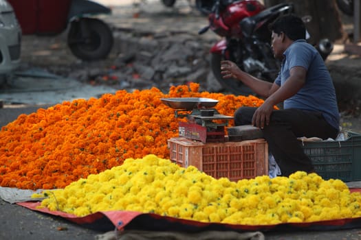 Pune, India - October 21, 2015: A man setting up his marigold flower shop on the streetside in India, on the eve of Dassera festival