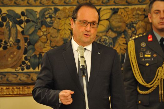 GREECE, Athens: French President Francois Hollande speaks at the Presidential Palace in Athens, Greece on October 22, 2015. The reported purpose of Hollande's visit is to explore avenues for debt relief.