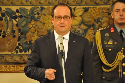GREECE, Athens: French President Francois Hollande speaks at the Presidential Palace in Athens, Greece on October 22, 2015. The reported purpose of Hollande's visit is to explore avenues for debt relief.