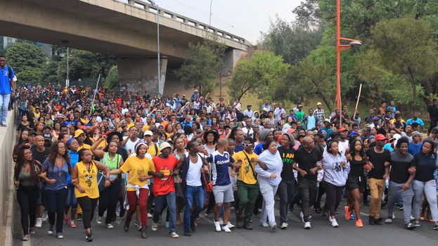 SOUTH AFRICA, Johannesburg: Students from the University of Witwatersrand in Johannesburg, South Africa took to the streets on October 21, 2015 to protest against tuition fee rises.  Wits students have been protesting since last week over a proposed fee increase.