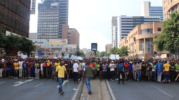 SOUTH AFRICA, Johannesburg: Thousands of students from two universities marched to the ANC head office in Johannesburg on October 22, 2015 in protest over proposed fee rises. They began at their respective campuses at University of Witwatersrand and the University of Johannesburg to give Gwede Mantashe, the Secretary General of the African National Congress a memorandum in which they asked for free quality education for all.
