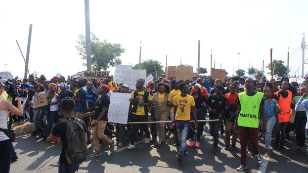 SOUTH AFRICA, Johannesburg: Thousands of students from two universities marched to the ANC head office in Johannesburg on October 22, 2015 in protest over proposed fee rises. They began at their respective campuses at University of Witwatersrand and the University of Johannesburg to give Gwede Mantashe, the Secretary General of the African National Congress a memorandum in which they asked for free quality education for all.
