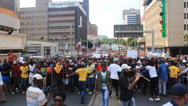 SOUTH AFRICA, Johannesburg: Thousands of students from two universities marched to the ANC head office in Johannesburg on October 22, 2015 in protest over proposed fee rises. They began at their respective campuses at University of Witwatersrand and the University of Johannesburg to give Gwede Mantashe, the Secretary General of the African National Congress a memorandum in which they asked for free quality education for all.
