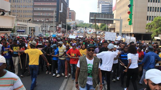 SOUTH AFRICA, Johannesburg: Thousands of students from two universities marched to the ANC head office in Johannesburg on October 22, 2015 in protest over proposed fee rises. They began at their respective campuses at University of Witwatersrand and the University of Johannesburg to give Gwede Mantashe, the Secretary General of the African National Congress a memorandum in which they asked for free quality education for all.