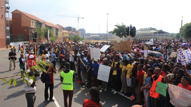 SOUTH AFRICA, Johannesburg: Thousands of students from two universities marched to the ANC head office in Johannesburg on October 22, 2015 in protest over proposed fee rises. They began at their respective campuses at University of Witwatersrand and the University of Johannesburg to give Gwede Mantashe, the Secretary General of the African National Congress a memorandum in which they asked for free quality education for all.