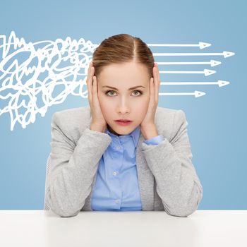 business, education, emotional pressure and people concept - stressed businesswoman or student covering her ears with hands over blue background with messy and straight arrows