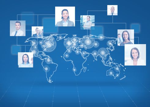 business, people, social network and head hunting concept - pictures of businesspeople over world map and blue background