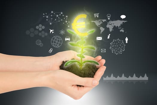 Womans hands holding plant with ground and euro sign on abstract background