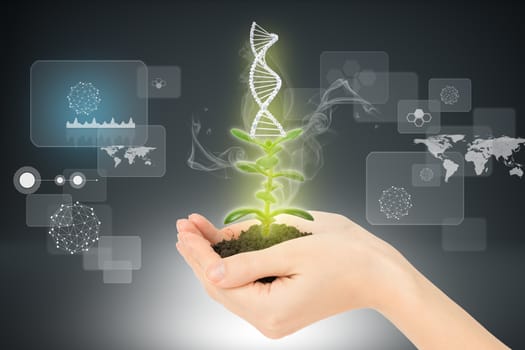 Womans hands holding plant with ground and DNA on abstract background