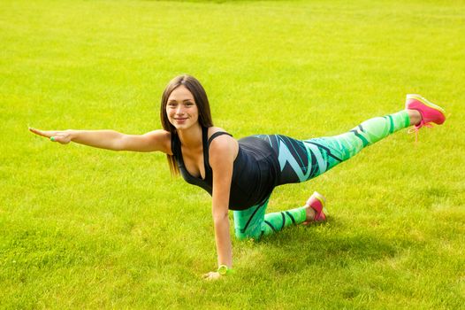 The beautiful pregnant woman practices yoga on a lawn