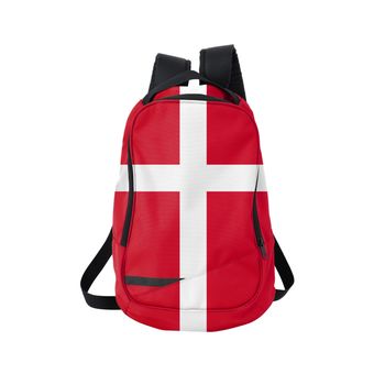 Denmark flag backpack isolated on white background. Back to school concept. Education and study abroad. Travel and tourism in Denmark