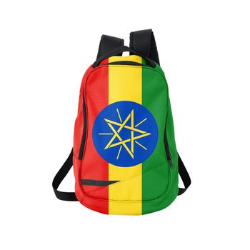 Ethiopia flag backpack isolated on white background. Back to school concept. Education and study abroad. Travel and tourism in Ethiopia