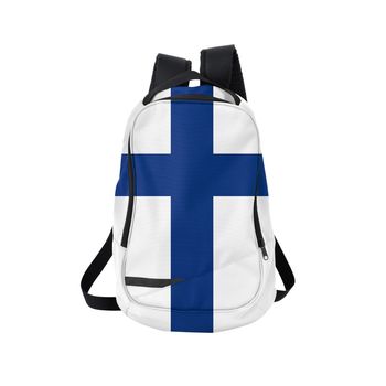 Finland flag backpack isolated on white background. Back to school concept. Education and study abroad. Travel and tourism in Finland