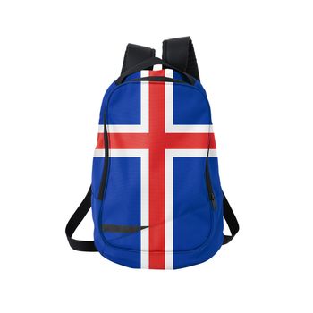 Iceland flag backpack isolated on white background. Back to school concept. Education and study abroad. Travel and tourism in Iceland