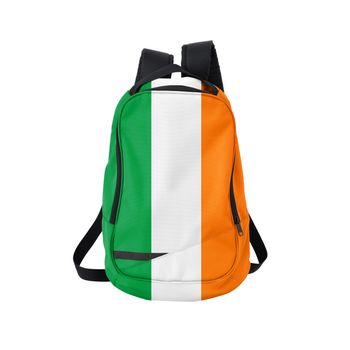 Ireland flag backpack isolated on white background. Back to school concept. Education and study abroad. Travel and tourism in Ireland