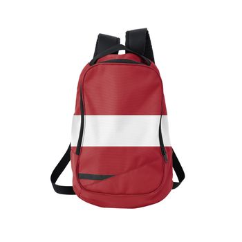 Latvia flag backpack isolated on white background. Back to school concept. Education and study abroad. Travel and tourism in Latvia
