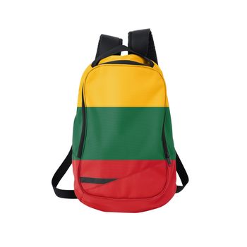 Lithuania flag backpack isolated on white background. Back to school concept. Education and study abroad. Travel and tourism in Lithuania