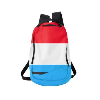  Luxembourg flag backpack isolated on white background. Back to school concept. Education and study abroad. Travel and tourism in Luxembourg