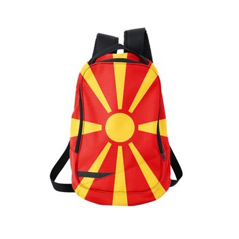 Macedonia flag backpack isolated on white background. Back to school concept. Education and study abroad. Travel and tourism in Macedonia