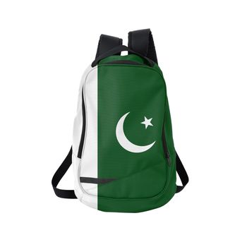 Pakistan flag backpack isolated on white background. Back to school concept. Education and study abroad. Travel and tourism in Pakistan