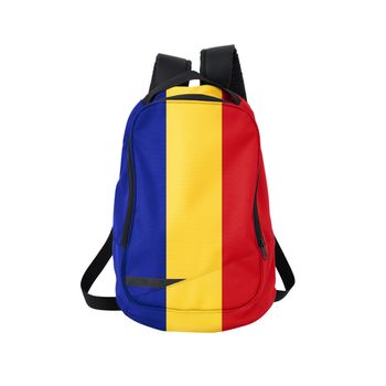Romania flag backpack isolated on white background. Back to school concept. Education and study abroad. Travel and tourism in Romania