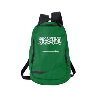 Saudi Arabia flag backpack isolated on white background. Back to school concept. Education and study abroad. Travel and tourism in Saudi Arabia