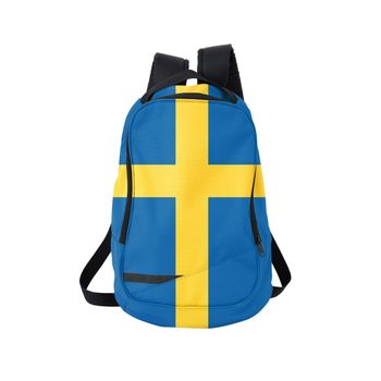 Sweden flag backpack isolated on white background. Back to school concept. Education and study abroad. Travel and tourism in Sweden