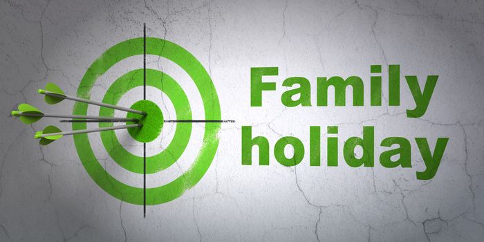 Success tourism concept: arrows hitting the center of target, Green Family Holiday on wall background