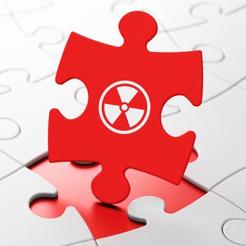 Science concept: Radiation on Red puzzle pieces background, 3d render