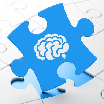 Science concept: Brain on Blue puzzle pieces background, 3d render