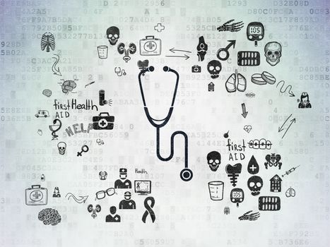 Healthcare concept: Painted black Stethoscope icon on Digital Paper background with Scheme Of Hand Drawn Medicine Icons