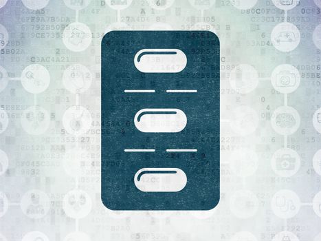 Medicine concept: Painted blue Pills Blister icon on Digital Paper background with Scheme Of Hand Drawn Medicine Icons