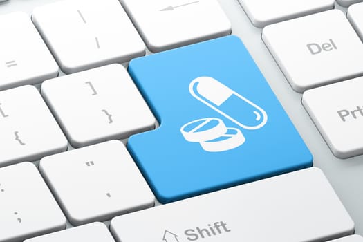 Healthcare concept: Enter button with Pills on computer keyboard background, 3d render