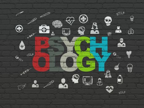 Health concept: Painted multicolor text Psychology on Black Brick wall background with  Hand Drawn Medicine Icons