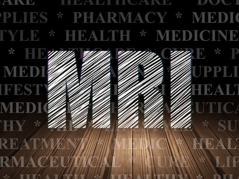Health concept: Glowing text MRI in grunge dark room with Wooden Floor, black background with  Tag Cloud