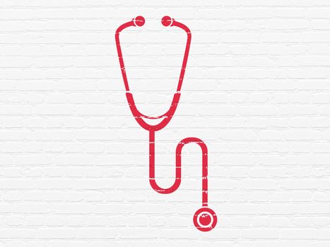 Healthcare concept: Painted red Stethoscope icon on White Brick wall background