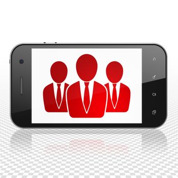 Advertising concept: Smartphone with  red Business People icon on display,  Tag Cloud background