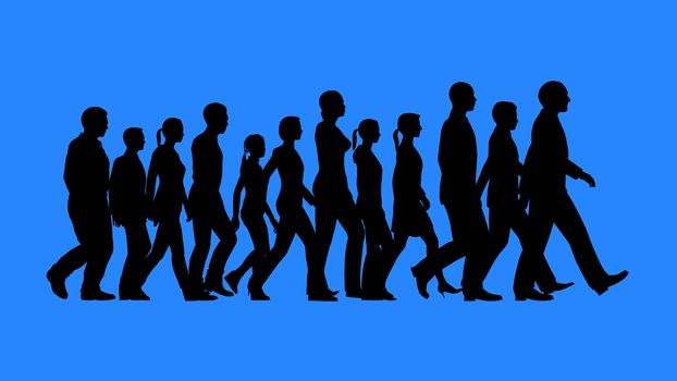 Group of people walking silhouettes isolated on blue background. Team work concept.
