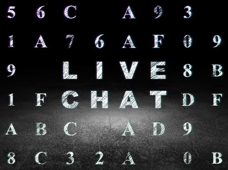 Web development concept: Glowing text Live Chat in grunge dark room with Dirty Floor, black background with Hexadecimal Code