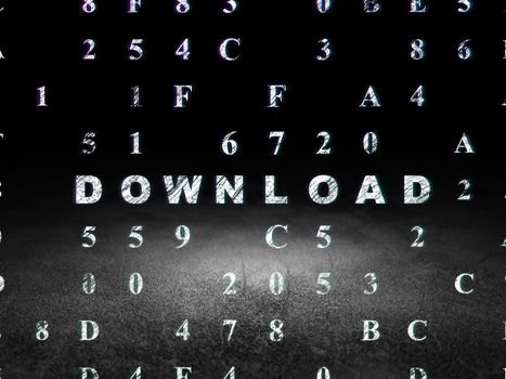 Web design concept: Glowing text Download in grunge dark room with Dirty Floor, black background with Hexadecimal Code