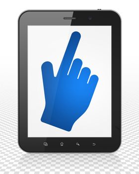 Web design concept: Tablet Pc Computer with blue Mouse Cursor icon on display