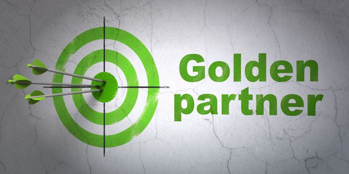 Success business concept: arrows hitting the center of target, Green Golden Partner on wall background