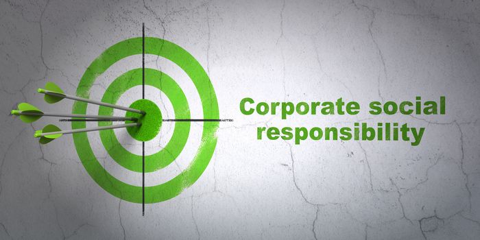 Success finance concept: arrows hitting the center of target, Green Corporate Social Responsibility on wall background