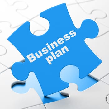 Finance concept: Business Plan on Blue puzzle pieces background, 3d render
